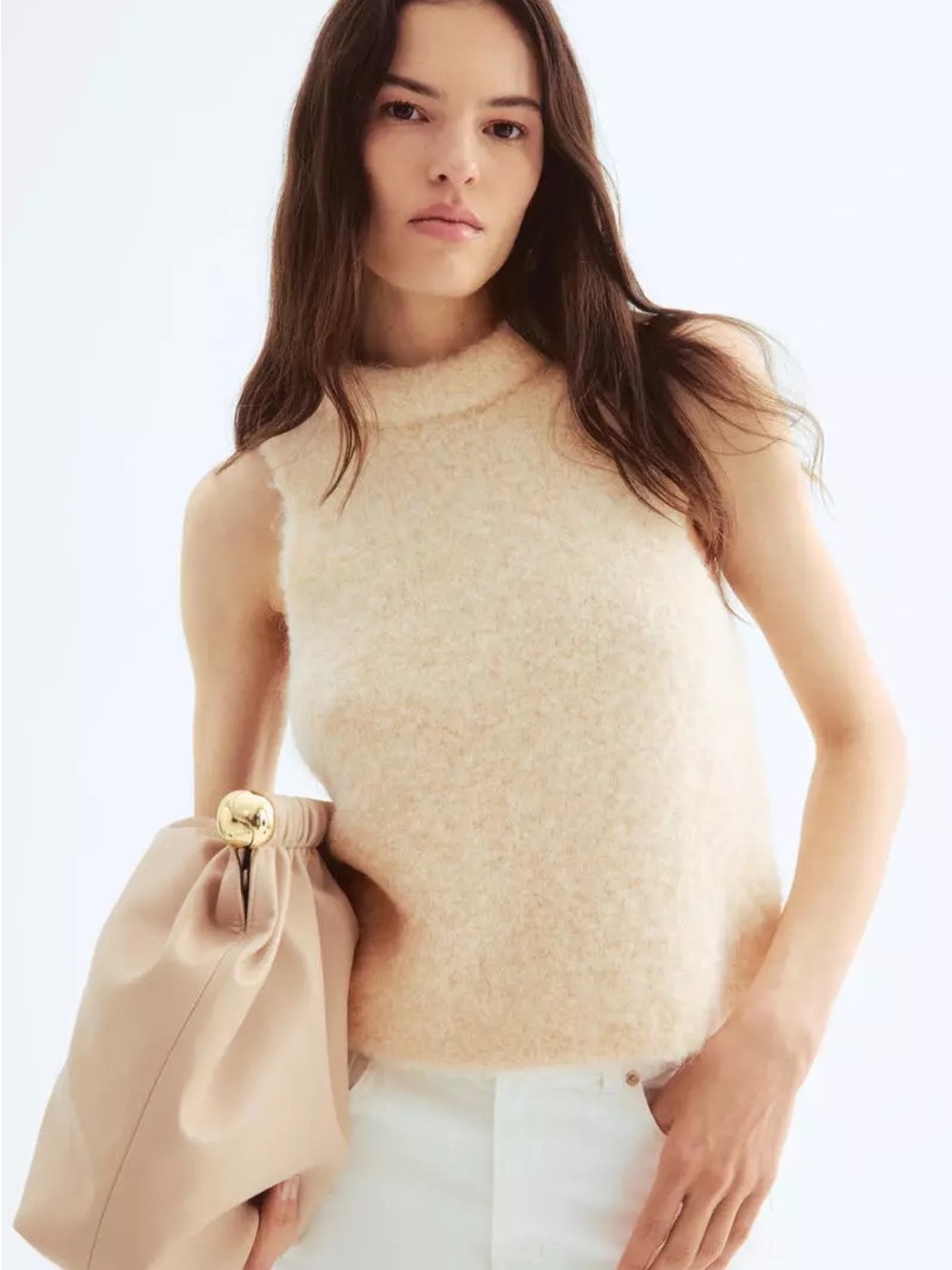 H&M Cream Fuzzy Sleeveless Turtleneck Sweater Top